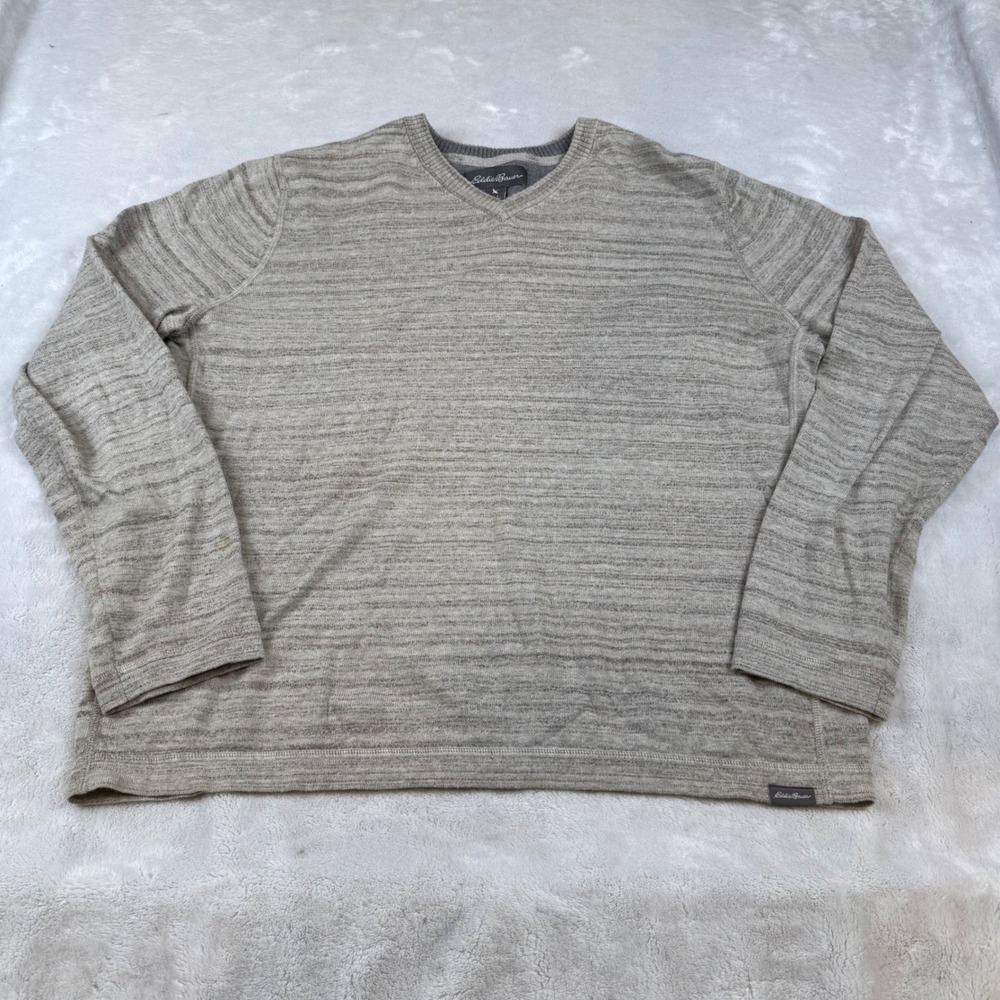 Eddie Bauer Mens Large V-Neck Sweater Tan Grey Cotton Merino Wool Blend L/S‎
